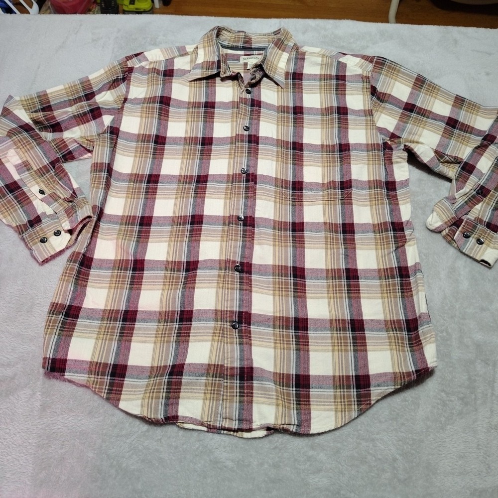 St John's Bay Flannel Shirt Men L Brown Plaid Outdoor Farmer Hiking Camping Soft